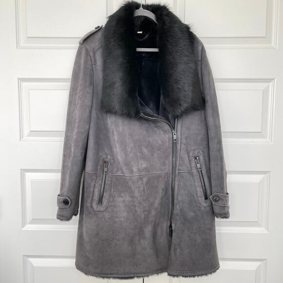 Vintage Burberry Asymmetric Zippered Lamb Shearling Fur Coat Dark Gray Size 12 - Picture 1 of 15